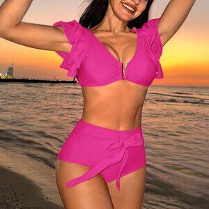 Hot Pink Sexy Women's Holiday Splicing Ruffle Hem Bikini Set